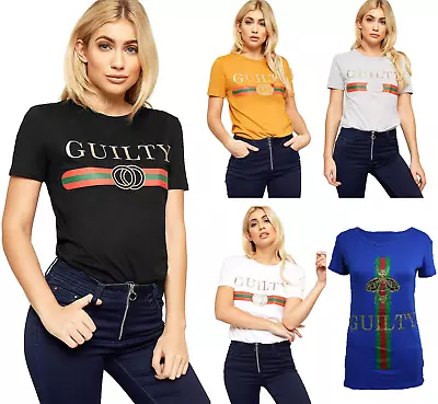 Women's Celebrity Guilty Casual Top Ladies Slogan Striped T Shirt Plus Size 8-26 • £6.95