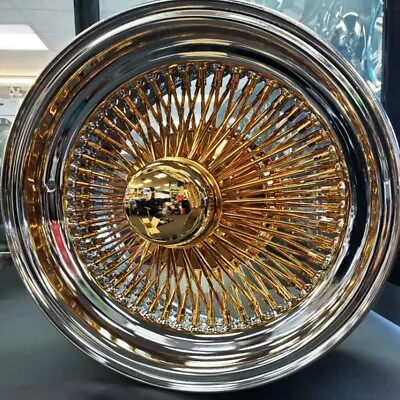 15x7  WIRE WHEELS STANDARD 100-SPOKE STRAIGHT LACE GOLD / CHROME LIP RIMS (W34) • $2599