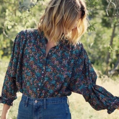 £165 • Buy DOEN Rose Cotton Poplin Voile Blouse Shirt In Navy Lady Bird Floral XS