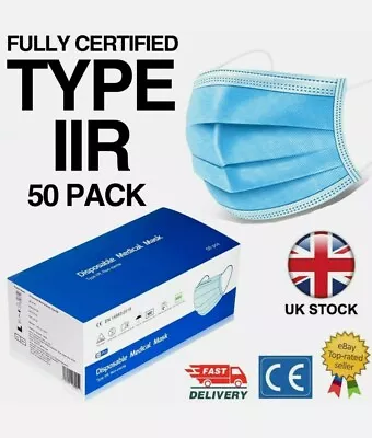 CE CERTIFIED Type 2R IIR Mask Fluid Resistant Face Masks Pack Of 50 Masks. • £4