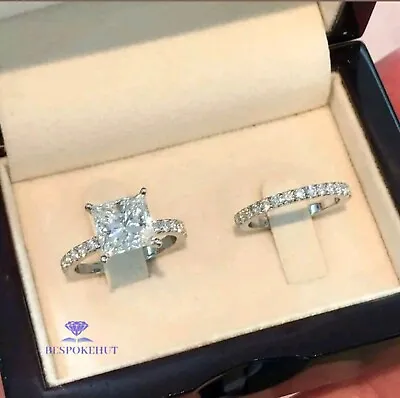 Bridal Set Genuine Moissanite Engagement Ring 14K White Gold 3 CT Princess Cut • $223.57