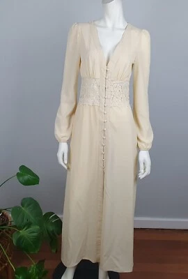 $32.95 • Buy Boohoo Size 8 Lace Insert Cut Outs Long Maxi Dress Cream Long Sleeves V Neck