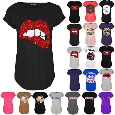 £2.05 • Buy Womens Curved Hem Glitter Biting Lips Printed Ladies Turn Up Cap Sleeve T Shirt