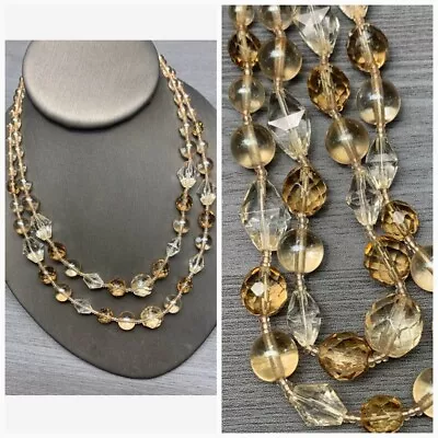 Vintage All Glass Beaded 2 Strand Crystal Citrine Clear  Statement Necklace 16” • $23.58