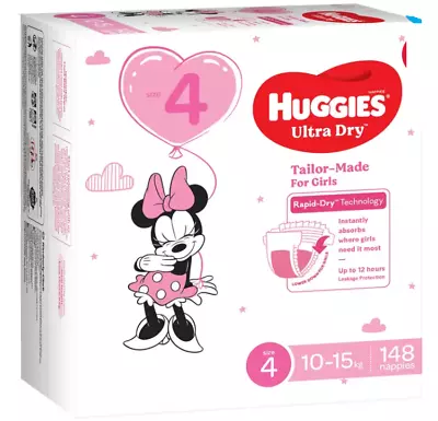 Huggies Girls' Ultra Dry Nappies Size 4 Toddler (10-15kg) 148 Nappies • $72