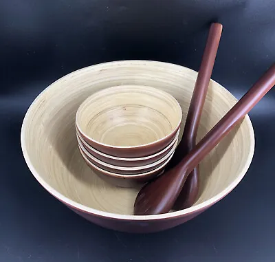 Orbit Home Bamboo Wood Salad Bowl Serving Set Service For 4 Spoon And Fork 7 Pcs • $31.90