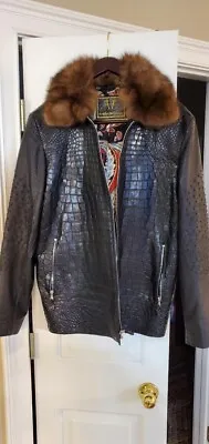 Alligator/Ostrich Skin Removable Mink Fur CollarBlack Jacket Handmade In Italy • $19999.99