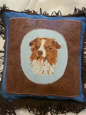 Vintage Needlepoint Australian Shepherd Dog Tooled Fringe Country Denim Pillow • $59.99