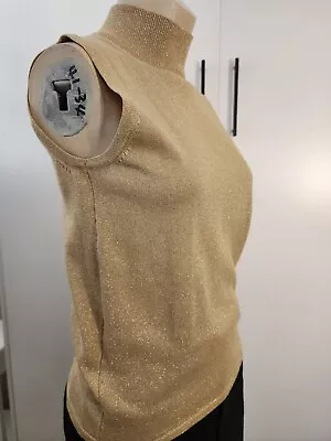 VTG CASUAL CORNER Gold Shimmer Ribbed Knit Sleeveless Mock Turtleneck Top Small • $29.69