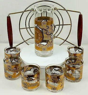 Vintage CERA GLASS 22-Karat Gold Cocktail Mixer And Set Of 6 Glasses With Caddy • $264.82