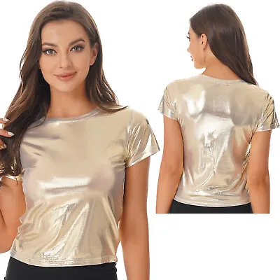 US Womens Shiny Metallic Liquid Crop Top Slim Fit T-Shirt Rave Party Clubwear • $12.73