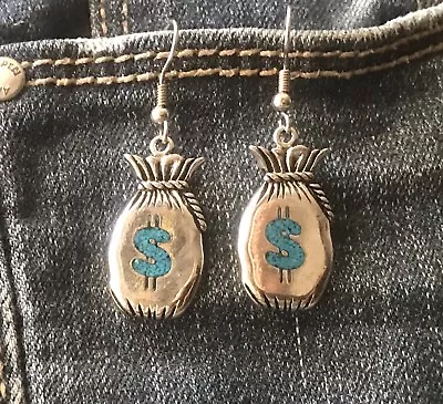 Silver Money Bags Earrings With Turquoise Inlay * Biker* Harley * Motorcycle • $22.99