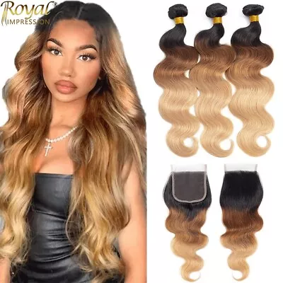 3 Bundles With 4*4 Lace Closure Ombre Body Wave Brazilian Virgin Human Hair Weft • $43.02
