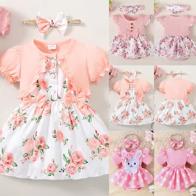 Newborn Girls Floral Romper Dress Headband Outfit Summer Bodysuit Baby Clothes • £8.39