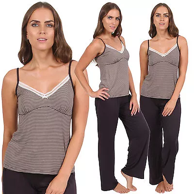 Ladies Ex Chain Store Soft Modal Purple Stripe Cami Top Pyjama Set Sizes 10-22 • £7.95