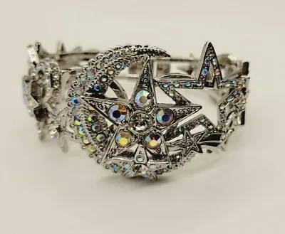 Kirks Folly Moon Magic Bracelet Silver Tone Moon & Stars Hinged Bangle Crystal • $107.78