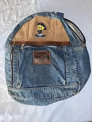 Vintage Looney Tunes Blues Tweety Bird Denim Backpack With Leather Embroidery • $12.99