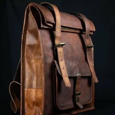 Men's Brown Leather Backpack Bag Rucksack Genuine Travel Vintage Bag • $85.50