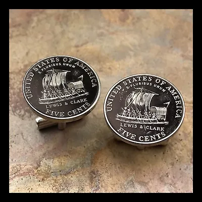 New Cufflinks W/ Modern Lewis Clark Expedition Nickel 5 Cent Coin Boat Ship • $9.99