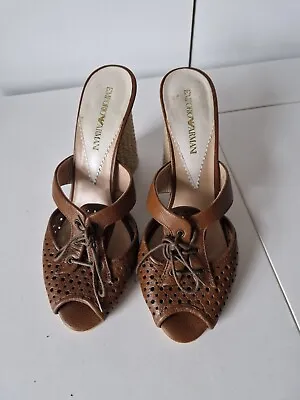 £25 • Buy Ladies Emporio Armani Slip On Brown Leather Heel Wedges Shoes/sandals Size 38