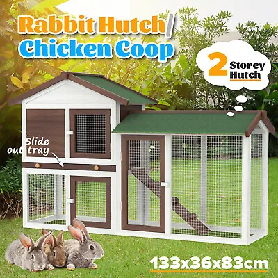 2 Storey Rabbit Hutch Chicken Coop Run Cage Outdoor Large Pet Bunny House Wooden • $124.90