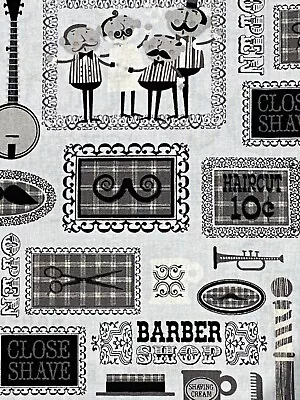 1/3 YD Cotton Fabric Barber Shop Hair Cut Scissors Mustache JoAnn Black White • $4.99