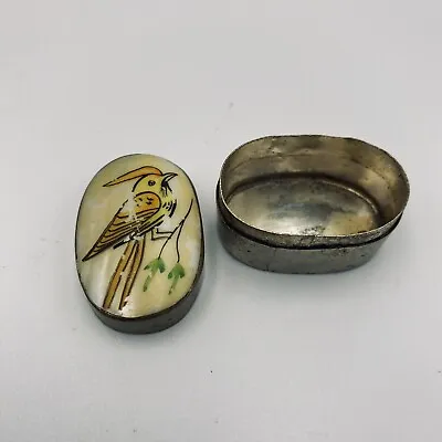 Vintage Mother Of Pearl With Painted Bird Oval Trinket Box Pill Box • $15.99