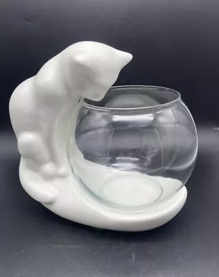 Vintage Haeger Pottery Matte White Cat Sculpture Figurine With Glass Fish Bowl • $39.99