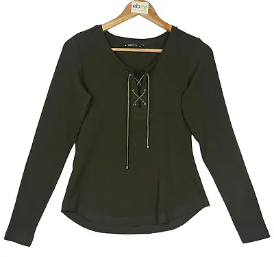 £3.99 • Buy LAKSHTA - Scoop Neck Long Sleeve Dark Green Green Ribbed Front Tie Top - Size M