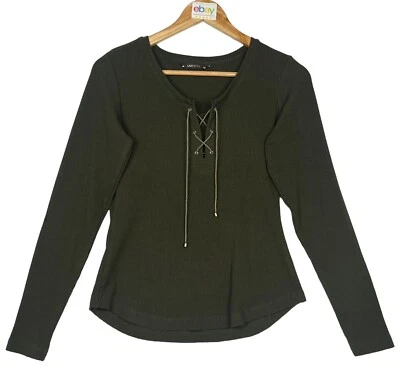 £3.99 • Buy LAKSHTA - Scoop Neck Long Sleeve Dark Green Green Ribbed Front Tie Top - Size M