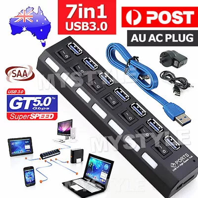 7 Port USB 3.0 HUB Powered +High Speed Splitter Extender PC AC Adapter Cable AU • $14.85