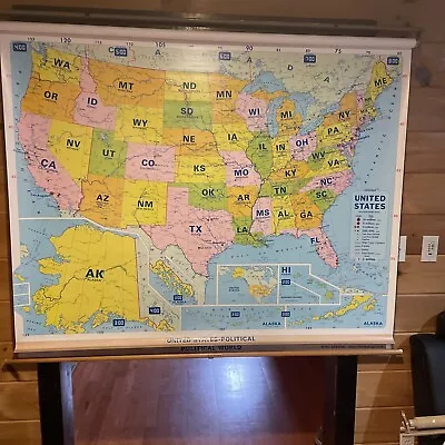 Large Vintage Double Pull Down School Maps USA And World 5 Foot Wide • $250