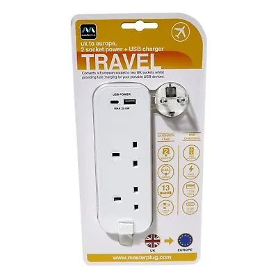 NEW Masterplug Electrical Extension Travel Adaptor UK To Europe 2 Socket & USB • £18.83