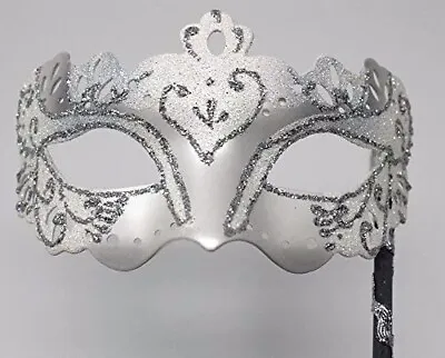 White & Silver Rialto Venetian Masquerade Party Carnival Ball On Hand Held Stick • £13.99