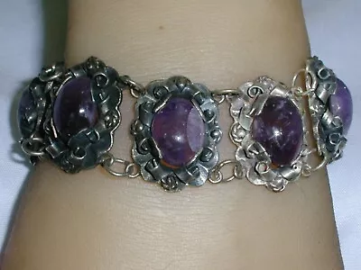 Stunning- Antique Mexican Silver Natural Amethyst Ornate  Link Bracelet! • $99