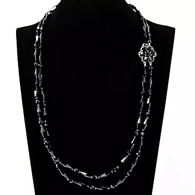 Vintage SHERMAN Jet Black Beaded Swarovski Crystal 2 Strand Necklace Signed Read • $61.57