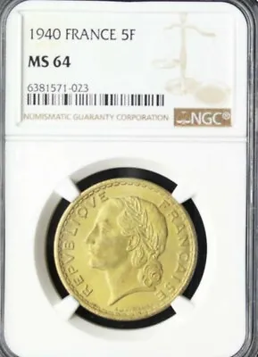 1940 France Third Republic AL-Æ 5 Francs. Struck For Algeria. NGC MS 64 Top Pop • $150