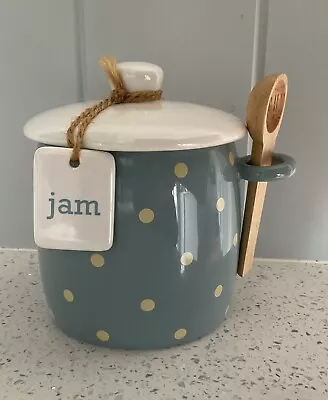 Marks And Spencer Jam Pot Blue And Cream Spots With Wood Spoon • £6