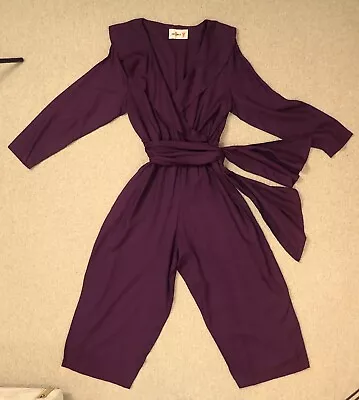 True Vintage Original 1980's Jumpsuit Size UK 16 Elastic Waist Belt Aubergine • £39.99