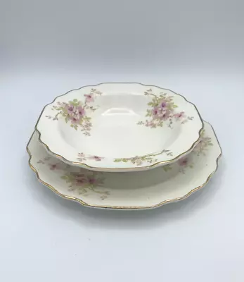 Set Of Vintage W.S. George Lido Gold Rimmed Soup Bowl And Plate Pink Floral USA  • $16.50