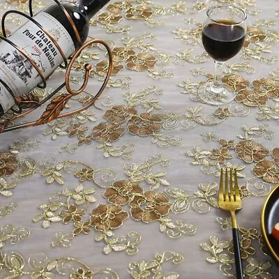 Embroidered Red Gold Flower Lace Table Cloth Banquet Party Tablecloth Dust Cover • £9.18