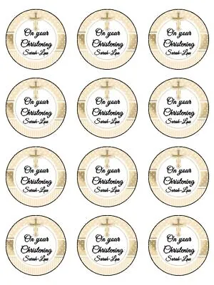 £3.66 • Buy Christening Religious Gold Theme Edible Toppers Wafer Or Icing Cupcake X 12