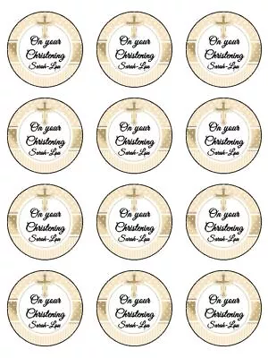 £4.19 • Buy Christening Religious Gold Theme Edible Toppers Wafer Or Icing Cupcake X 12