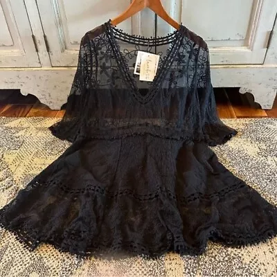 XL New Black Lace Ethereal Boho Tunic Blouse Top Deep V-Neck Womens X-LARGE / OS • $58.50