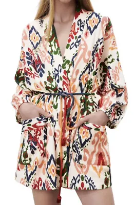 NWT Zara Hanoi Kimono Bed Jacket Linen Ikat Moroccan Robe Pockets Beach Cover M • $21.99
