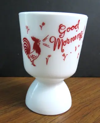 Hazel Atlas Indiana Vintage  Good Morning  White Milkglass Egg Cup Red Graphics • $7.99