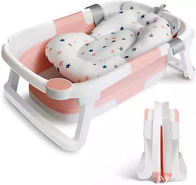 New Born Baby Bath & Cushion Pad | Fold Tub Collapsible Non-Slip Toddler Pink • £50.33