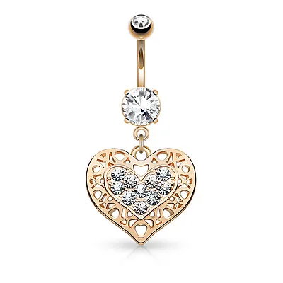 £3.99 • Buy Tribal Heart Filigree Edged Crystal Paved Surgical Steel Belly Bar / Navel Ring