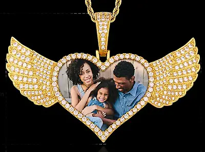 Custom Photo Heart Shaped Wings Necklace Medallion Pendant Zirconia Cuban Chain • $41
