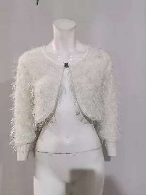 Ivory 3/4 Sleeve Round Neck Fluffy Evening Cardigan Shrug Size 10 • $6.21